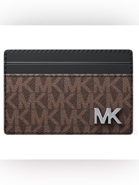 Michael Kors Brown Black Card Case Wallet Silver MK Logo Slim Bill Holder NEWNWT
